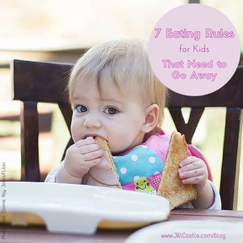 Little girl eating in her highchair in 7 Eating Rules for Kids that need to go away.