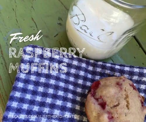Raspberry muffins are delicious, especially when you can snag fresh raspberries to add to the mix!