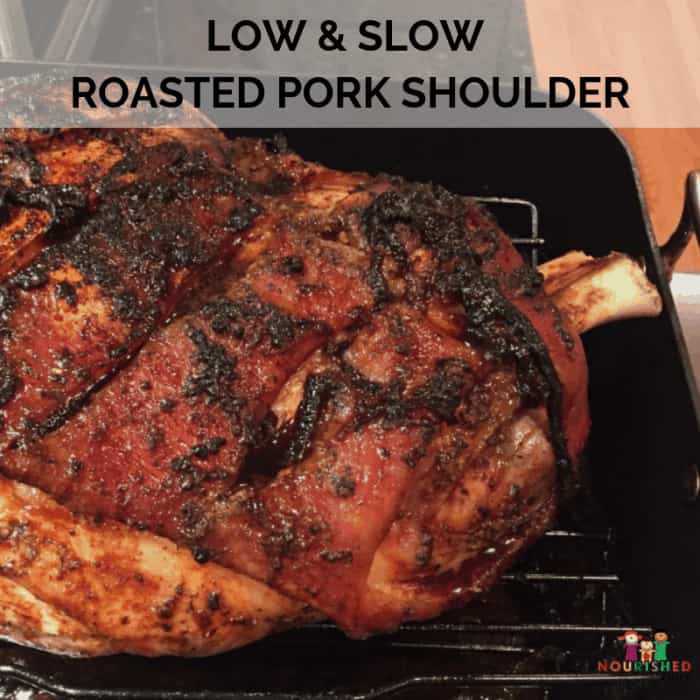 Bone in roasted pork shoulder. Slow roasted all day in the oven.