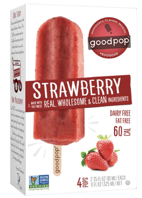 A box of Goodpop strawberry popsicles