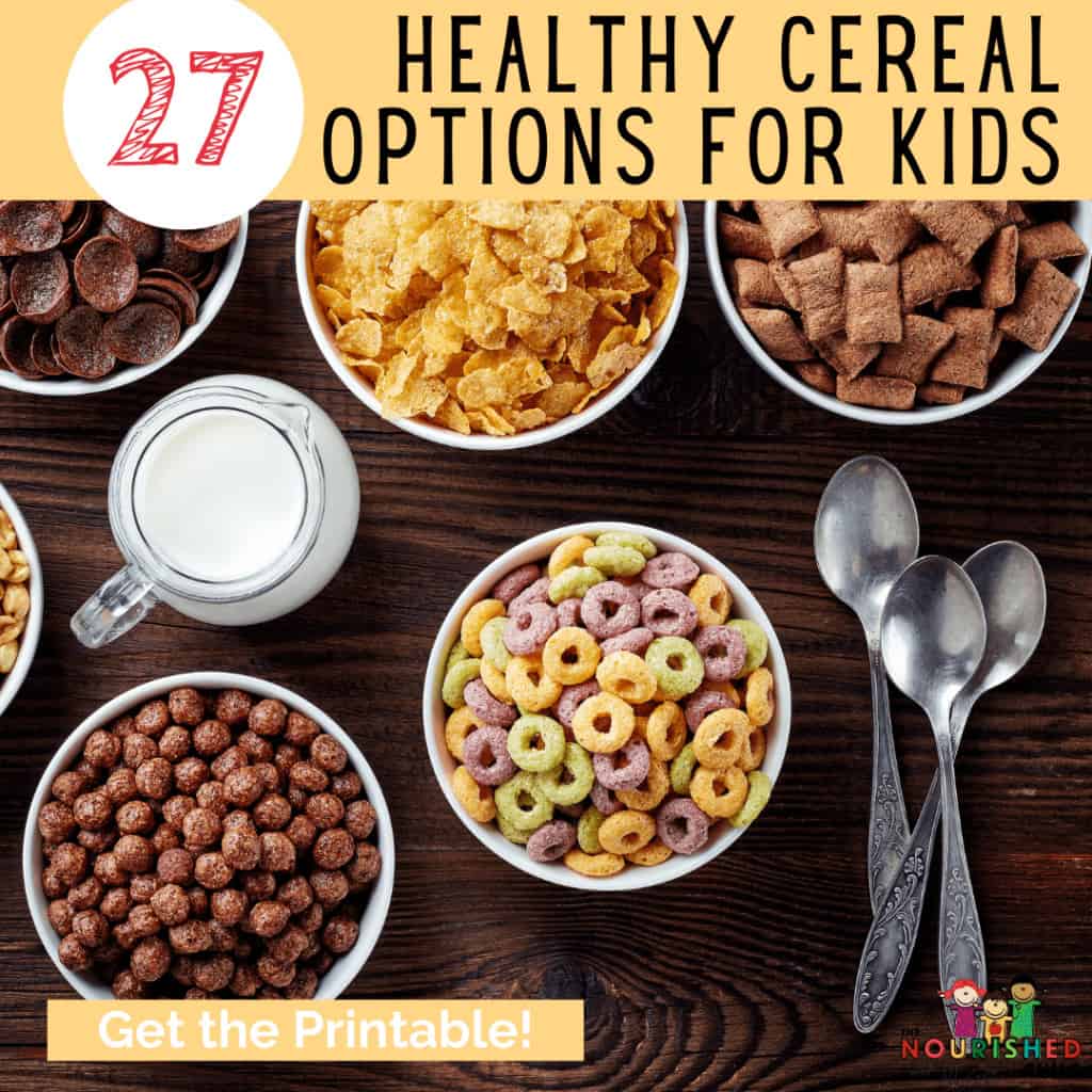Bowls of different cereal options in 27 healthy cereals for kids article.