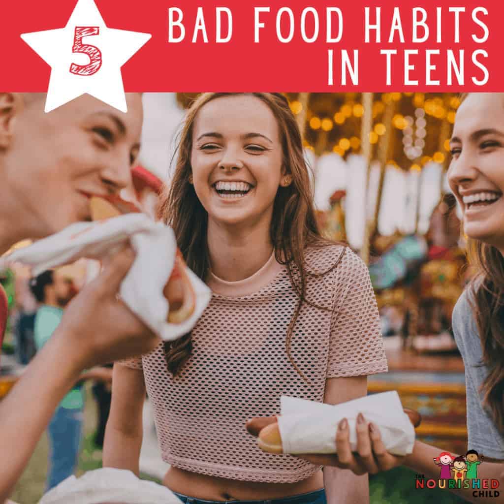 Teens eating hot dogs in teen eating habits gone wrong.