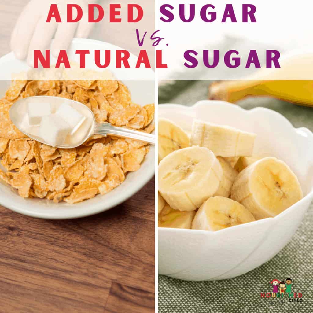 a bowl of cereal with sugar and a bowl of sliced banana in added sugar vs. natural sugar