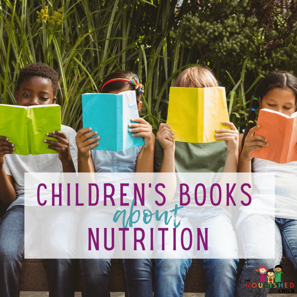 A group of kids reading children's books about nutrition.
