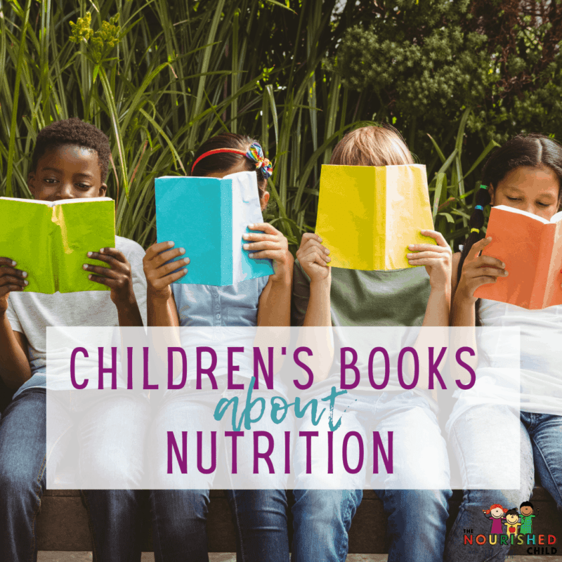 A group of kids reading children's books about nutrition.