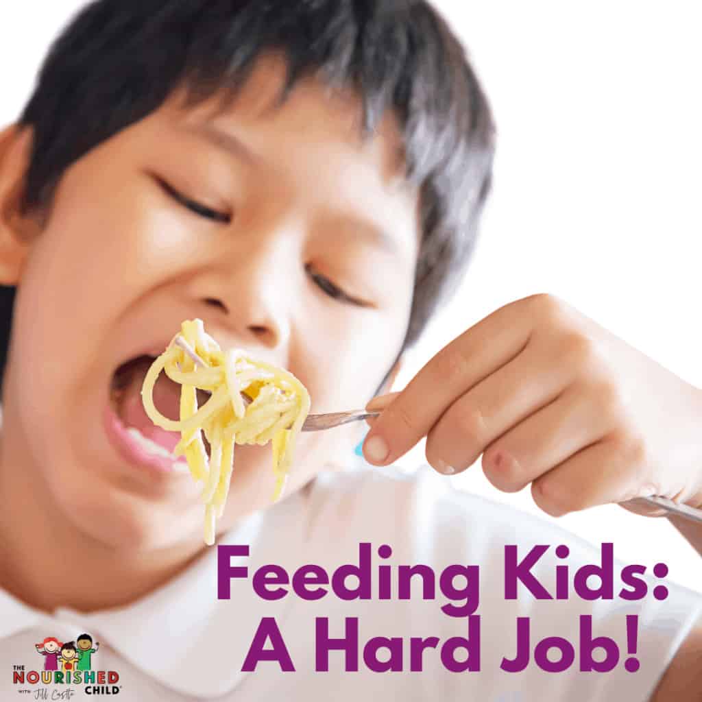 Boy eating pasta in Feeding Kids is a Hard Job