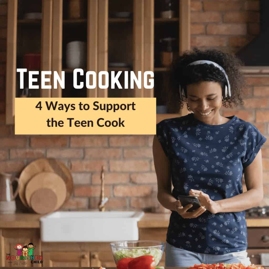 teen cooking in the kitchen with headphones on