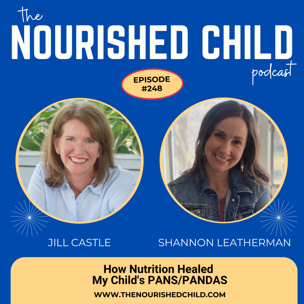 Podcast graphic for The Nourished Child, Episode #248: “How Nutrition Healed My Child’s PANS/PANDAS,” featuring host Jill Castle and guest Shannon Leatherman smiling against blue and yellow background.