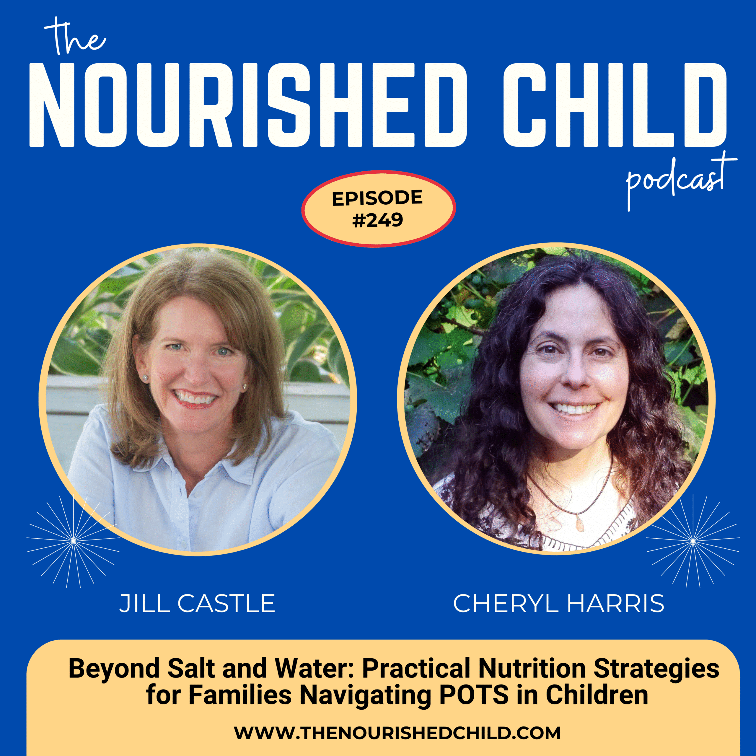 Podcast episode graphic for The Nourished Child featuring Jill Castle and Cheryl Harris, discussing practical nutrition strategies for families managing POTS in children.