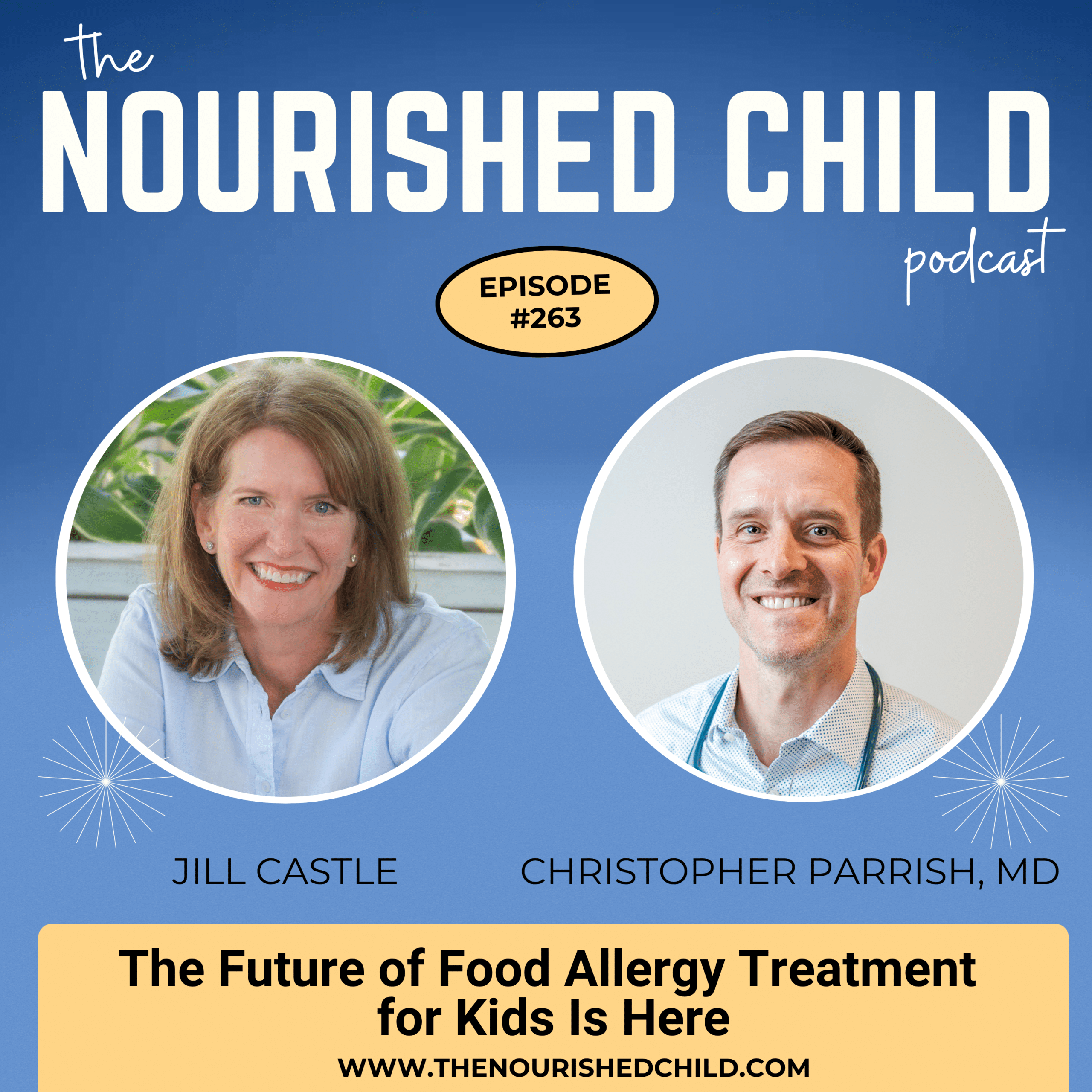 he Nourished Child Podcast Episode 263 cover graphic featuring host Jill Castle and guest Christopher Parrish, MD, titled "The Future of Food Allergy Treatment for Kids Is Here"